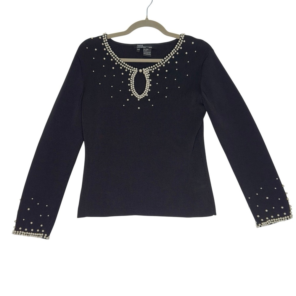 Michelle Nicole Women's Sweater Petite Medium Black Top Beaded Pearls